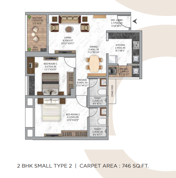 2 BHK | 746 sq.ft. Floor Plan