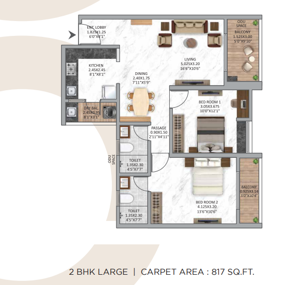 2 BHK | 817 sq.ft. Floor Plan