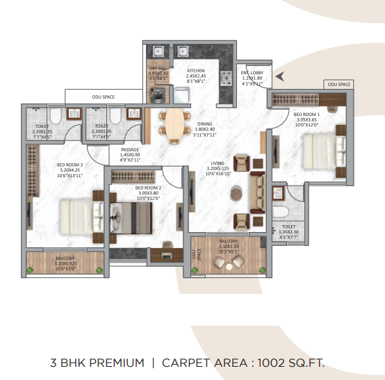 3 BHK | 1002 sq.ft. Floor Plan